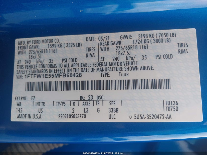 2021 Ford F-150 Xlt VIN: 1FTFW1E55MFB60428 Lot: 43660403