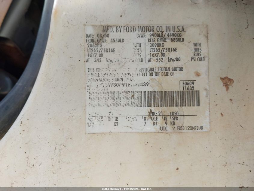 2001 Ford F-350 Lariat/Xl/Xlt VIN: 1FTSW30F91EA49439 Lot: 43660421