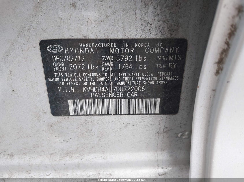 2013 HYUNDAI ELANTRA LIMITED KMHDH4AE7DU722006