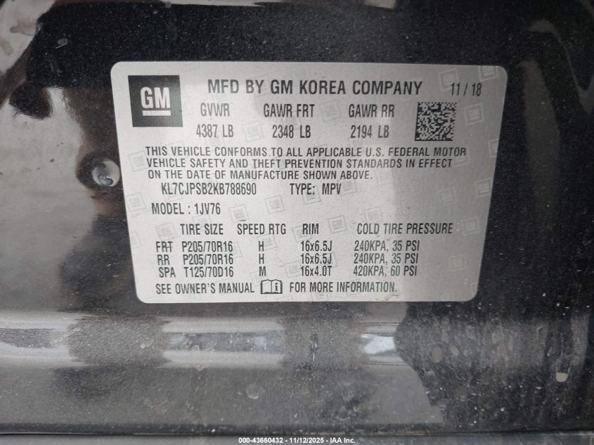 2019 Chevrolet Trax Lt VIN: KL7CJPSB2KB788690 Lot: 43660432