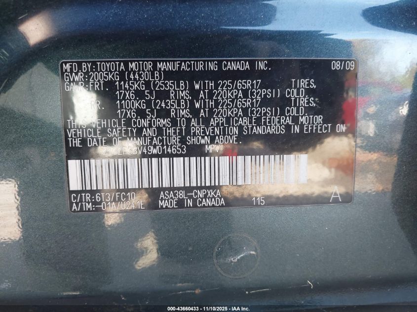 2009 Toyota Rav4 VIN: 2T3ZF33V49W014653 Lot: 43660433