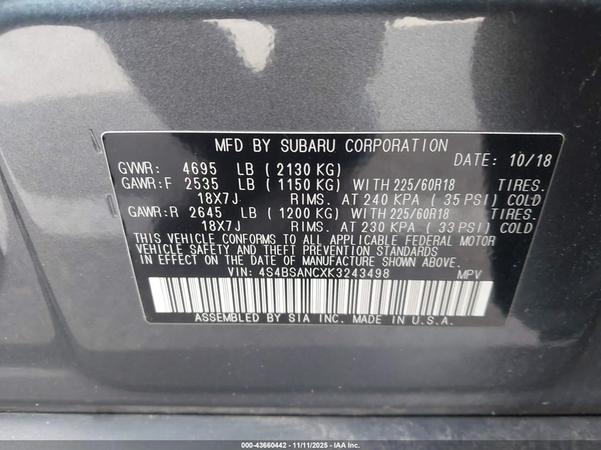 4S4BSANCXK3243498 2019 SUBARU OUTBACK photo no. 9
