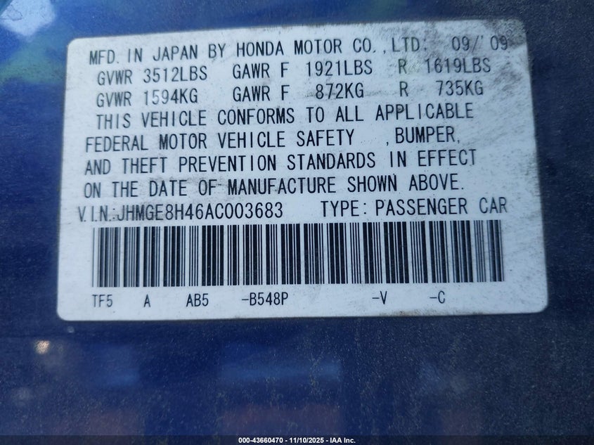 JHMGE8H46AC003683 2010 HONDA FIT photo no. 9