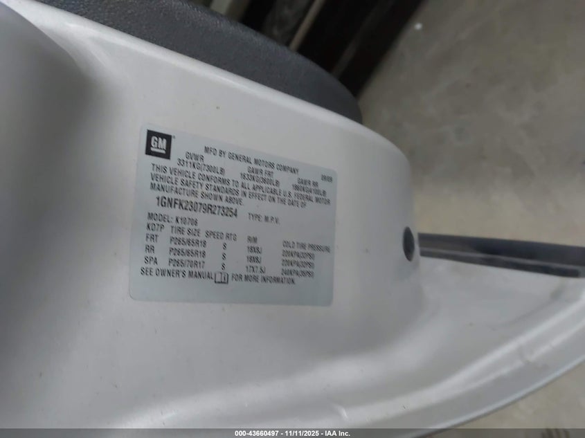 2009 Chevrolet Tahoe Lt2 VIN: 1GNFK23079R273254 Lot: 43660497