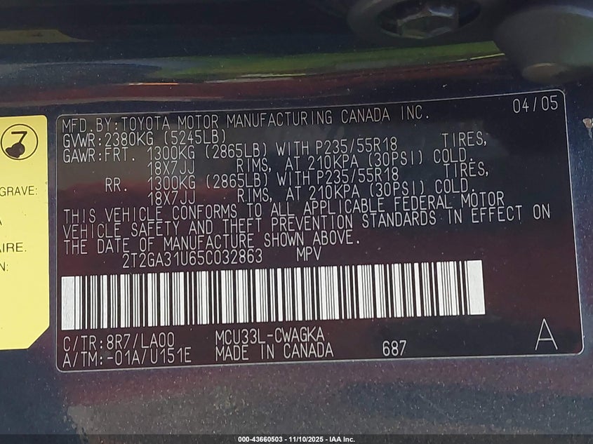 2005 Lexus Rx 330 VIN: 2T2GA31U65C032863 Lot: 43660503