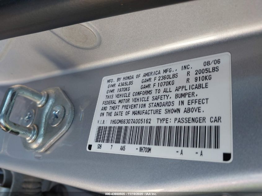 2007 Honda Accord 3.0 Lx VIN: 1HGCM66307A005162 Lot: 43660505