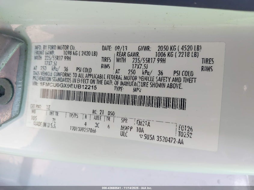 2014 Ford Escape Se VIN: 1FMCU0GX9EUB12215 Lot: 43660541