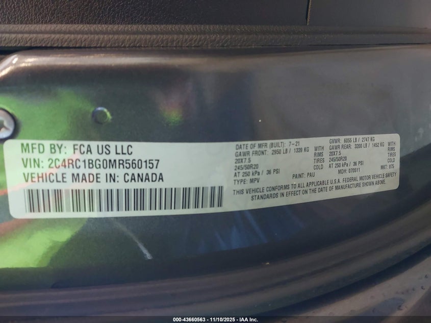 2021 Chrysler Pacifica Touring L VIN: 2C4RC1BG0MR560157 Lot: 43660563