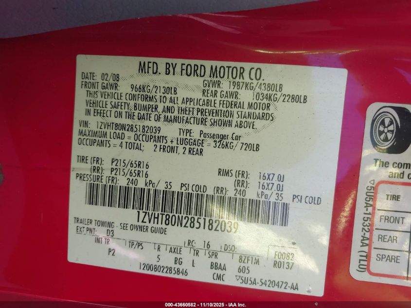 2008 Ford Mustang V6 Deluxe/V6 Premium VIN: 1ZVHT80N285182039 Lot: 43660582