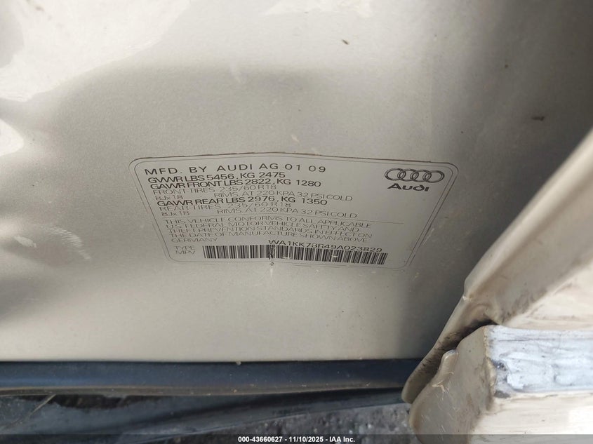 2009 Audi Q5 3.2 Premium VIN: WA1KK78R49A023829 Lot: 43660627