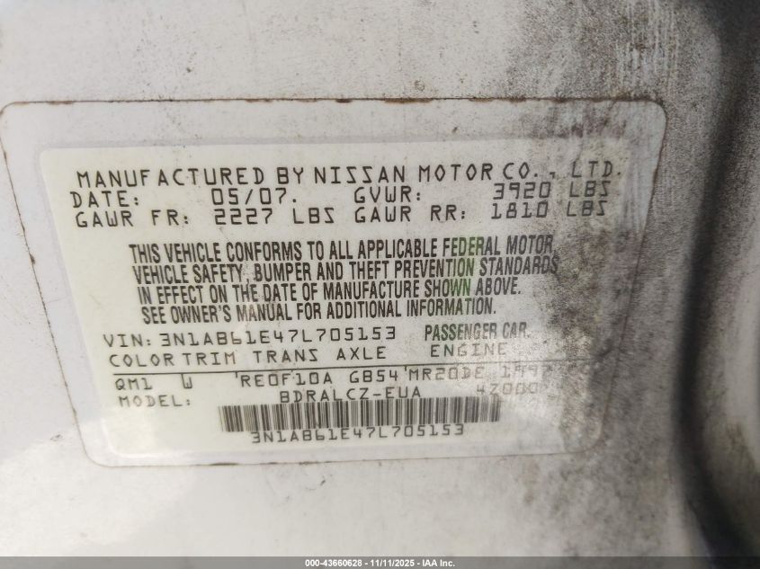 2007 Nissan Sentra 2.0 VIN: 3N1AB61E47L705153 Lot: 43660628