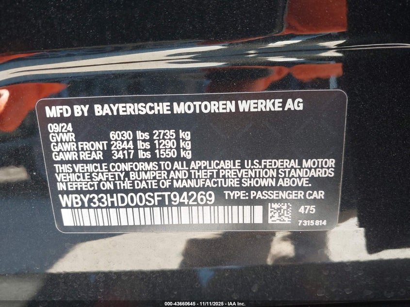 2025 BMW I4 Gran Coupe M50 VIN: WBY33HD00SFT94269 Lot: 43660645