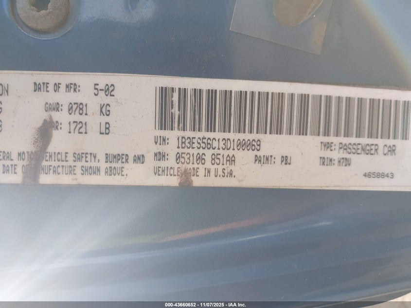 1B3ES56C13D100069 2003 DODGE NEON photo no. 9
