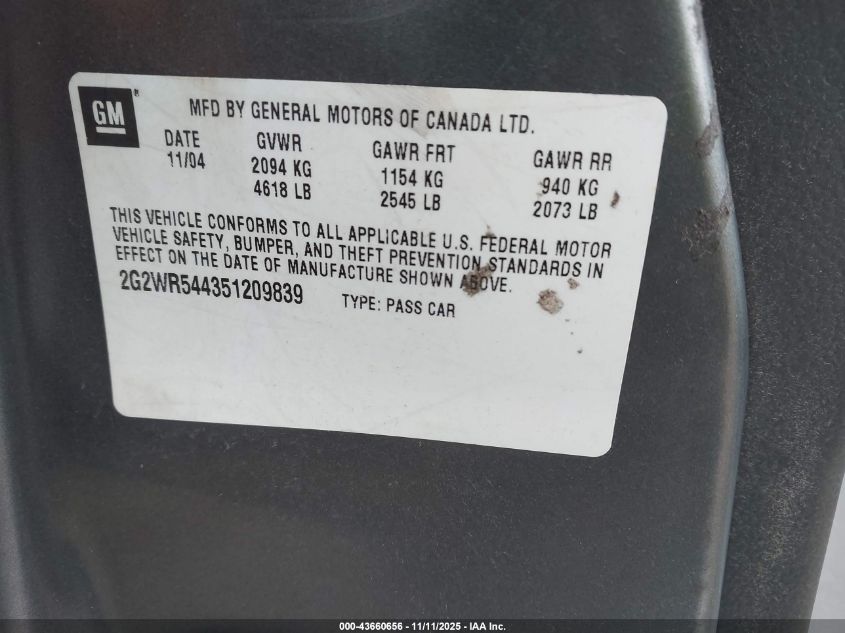 2005 Pontiac Grand Prix Gtp VIN: 2G2WR544351209839 Lot: 43660656