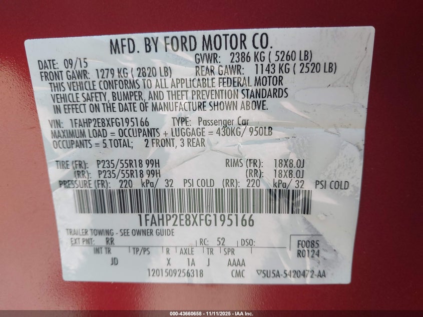 2015 Ford Taurus Sel VIN: 1FAHP2E8XFG195166 Lot: 43660658