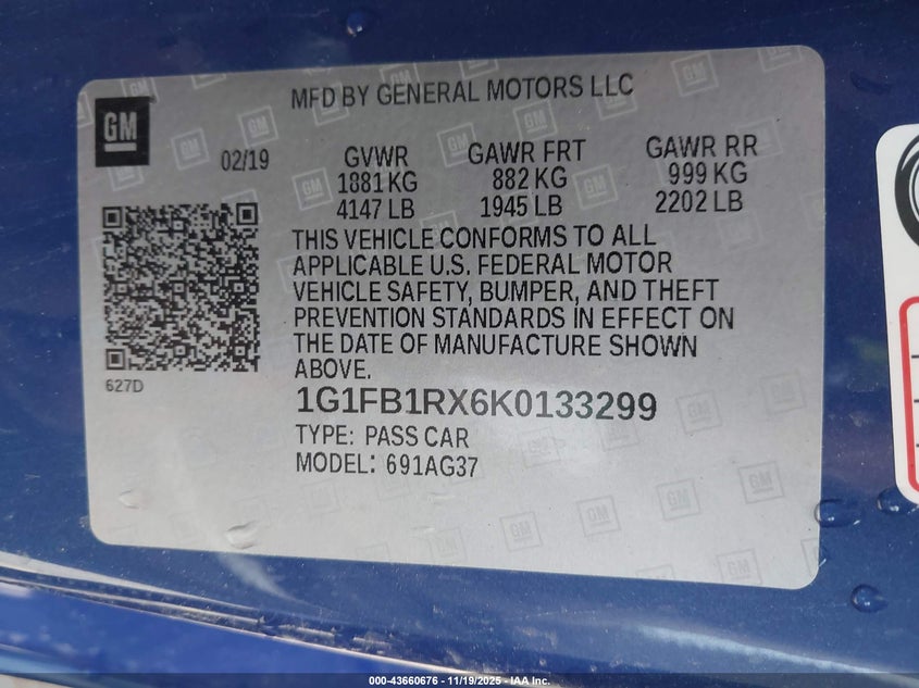 2019 Chevrolet Camaro 1Lt VIN: 1G1FB1RX6K0133299 Lot: 43660676