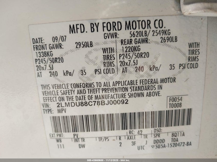 2008 Lincoln Mkx VIN: 2LMDU88C78BJ00092 Lot: 43660688