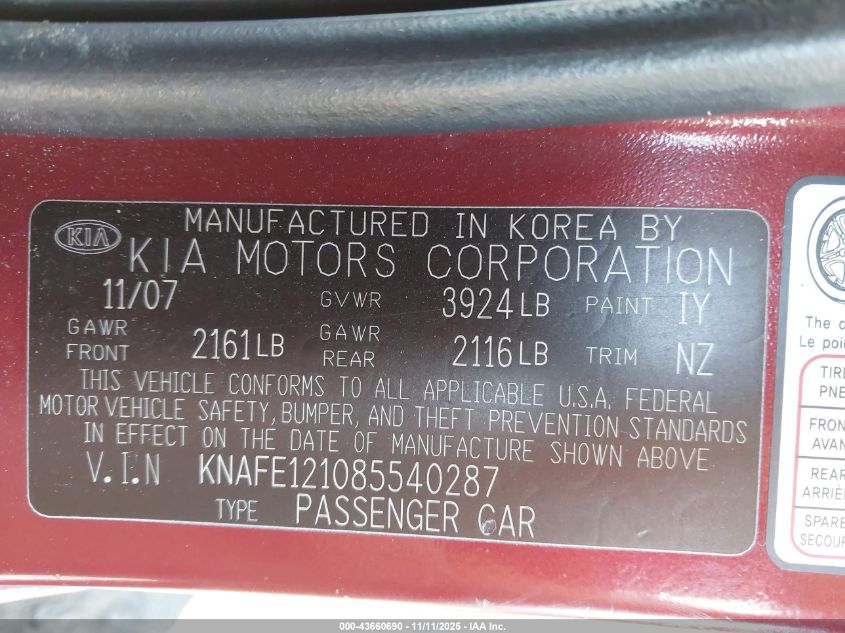2008 Kia Spectra Ex VIN: KNAFE121085540287 Lot: 43660690