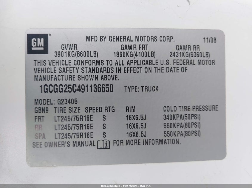 2009 Chevrolet Express 2500 Work Van VIN: 1GCGG25C491136650 Lot: 43660693