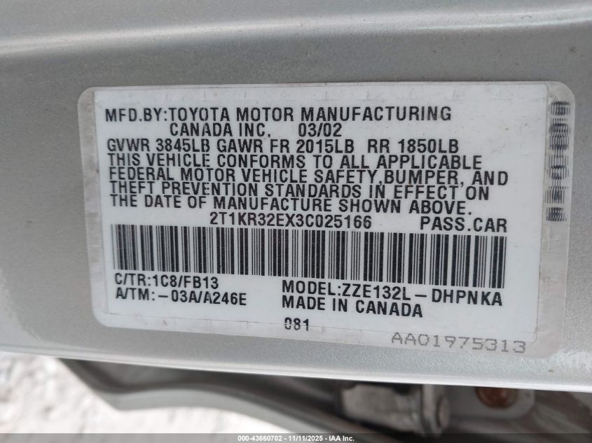 2003 Toyota Matrix Xr VIN: 2T1KR32EX3C025166 Lot: 43660702