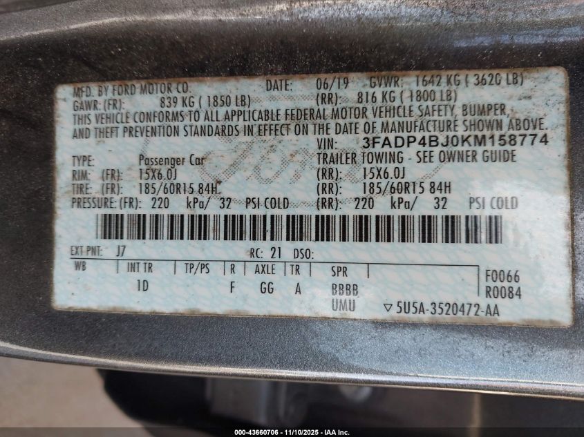 2019 Ford Fiesta Se VIN: 3FADP4BJ0KM158774 Lot: 43660706