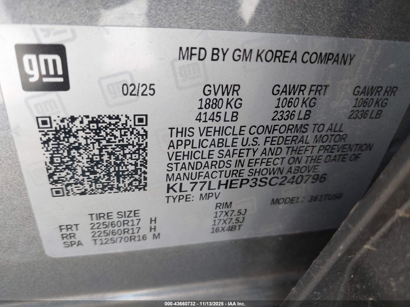 2025 Chevrolet Trax Fwd Lt VIN: KL77LHEP3SC240796 Lot: 43660732