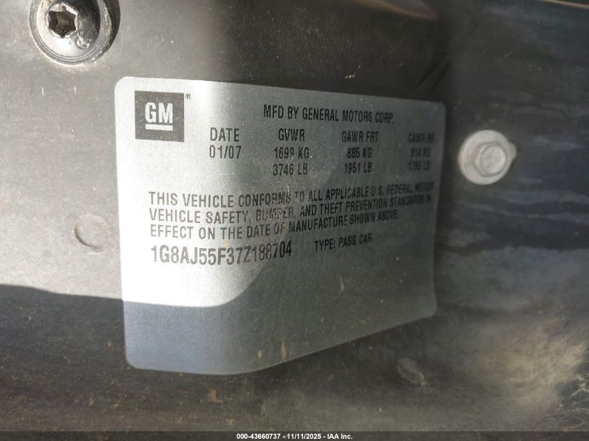 2007 Saturn Ion 2 VIN: 1G8AJ55F37Z188704 Lot: 43660737