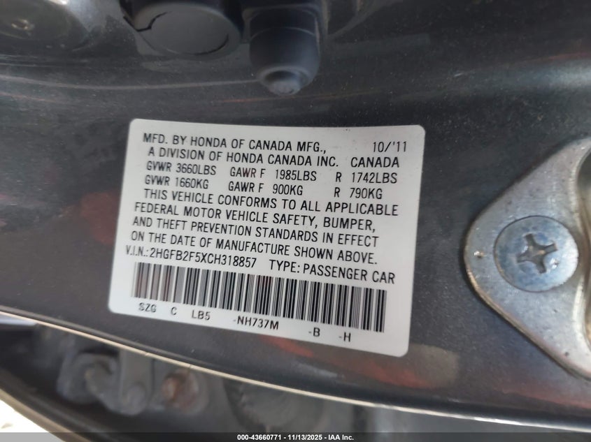 2HGFB2F5XCH318857 2012 HONDA CIVIC photo no. 9