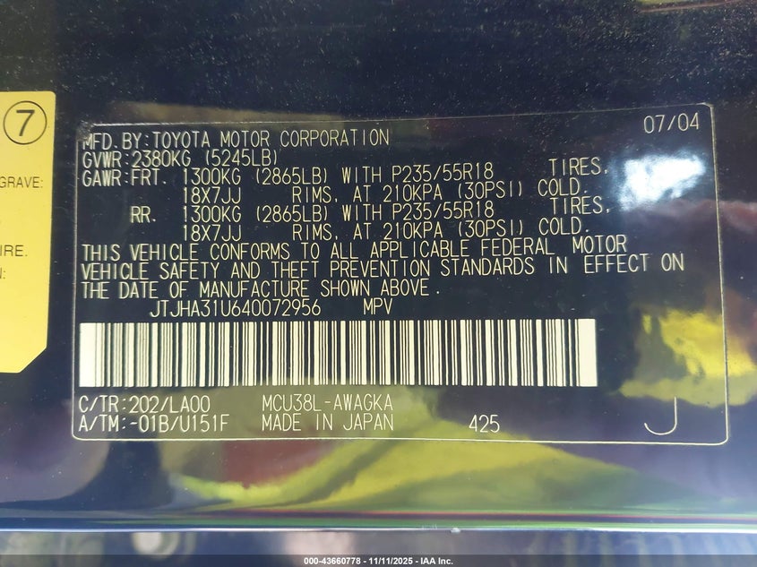 2004 Lexus Rx 330 VIN: JTJHA31U640072956 Lot: 43660778