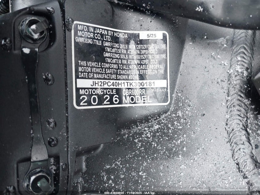2026 Honda Cbr600 Rr VIN: JH2PC40H1TK300181 Lot: 43660800