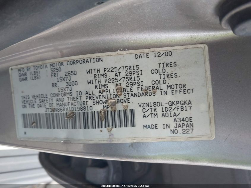 2001 Toyota 4Runner Sr5 V6 VIN: JT3GN86RX10198810 Lot: 43660803