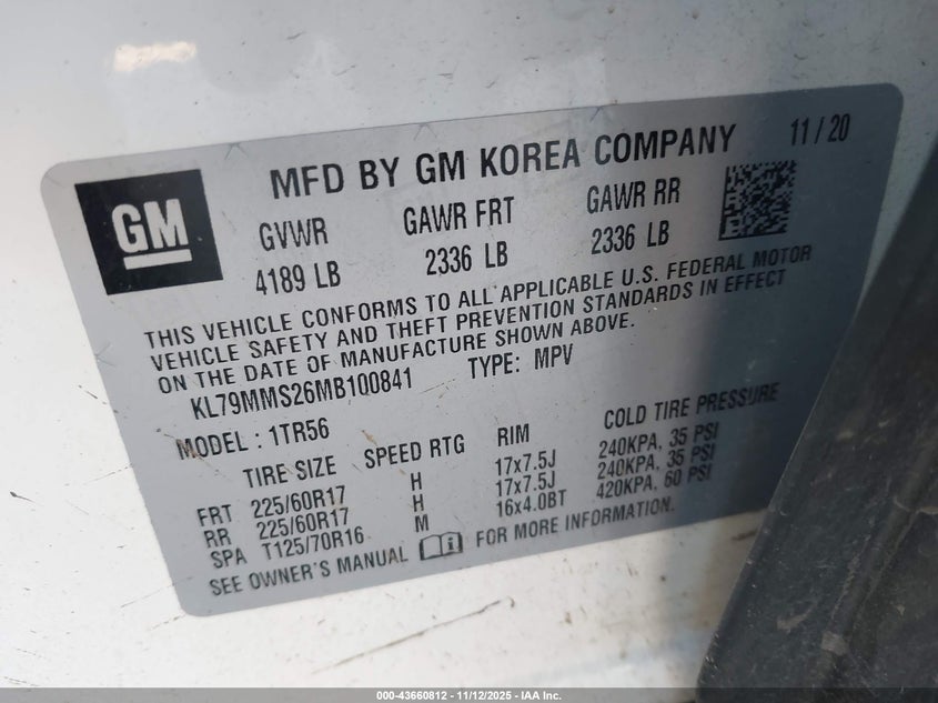 2021 Chevrolet Trailblazer Fwd Ls VIN: KL79MMS26MB100841 Lot: 43660812