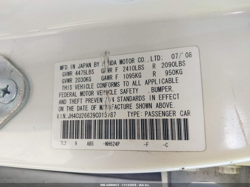 2009 Acura Tsx VIN: JH4CU26639C015787 Lot: 43660822