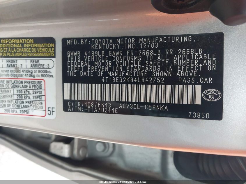 2004 Toyota Camry Le VIN: 4T1BE32K84U842752 Lot: 43660832