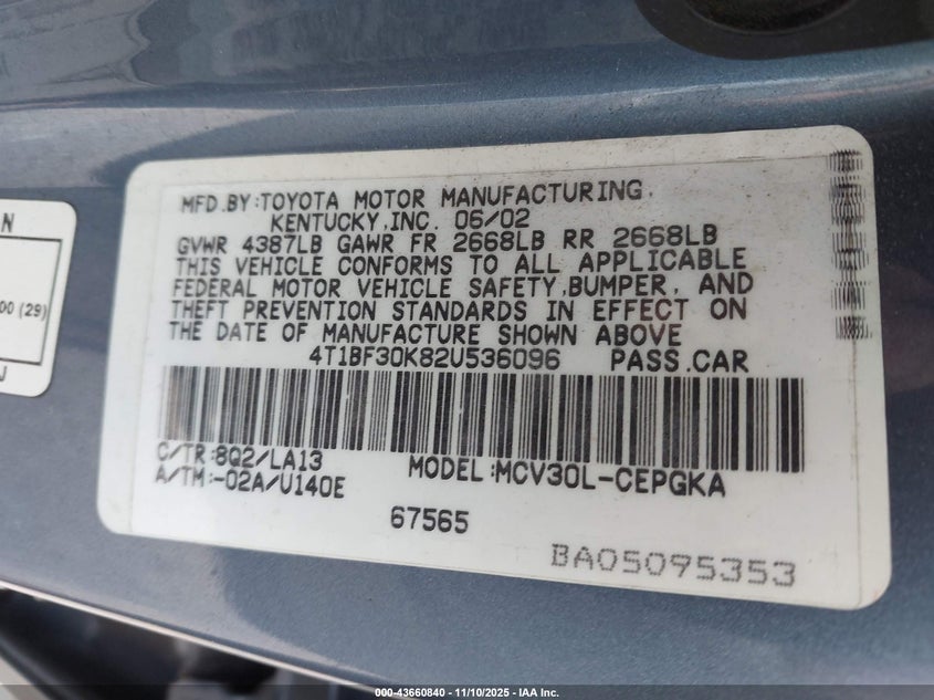 4T1BF30K82U536096 2002 TOYOTA CAMRY photo no. 9