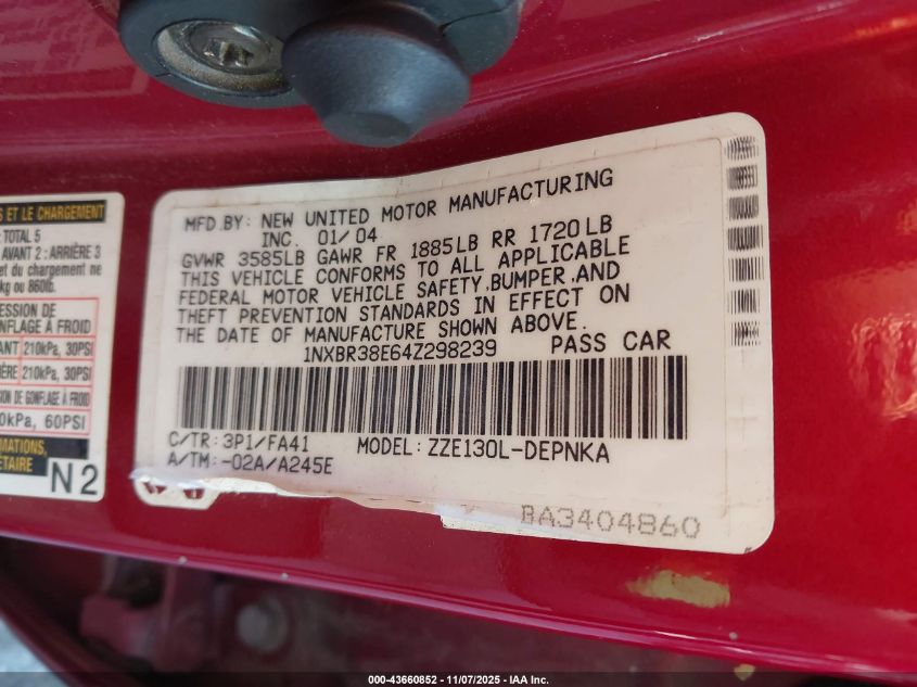 2004 Toyota Corolla Le VIN: 1NXBR38E64Z298239 Lot: 43660852