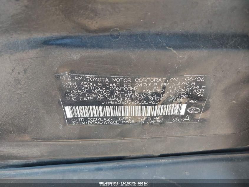 2006 Lexus Is 350 VIN: JTHBE262762005965 Lot: 43660854