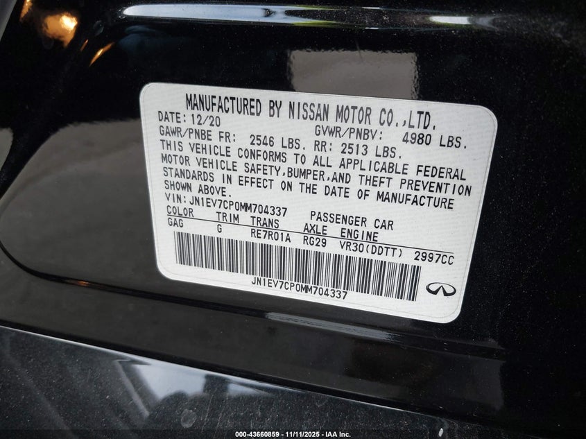 2021 Infiniti Q50 Sensory VIN: JN1EV7CP0MM704337 Lot: 43660859