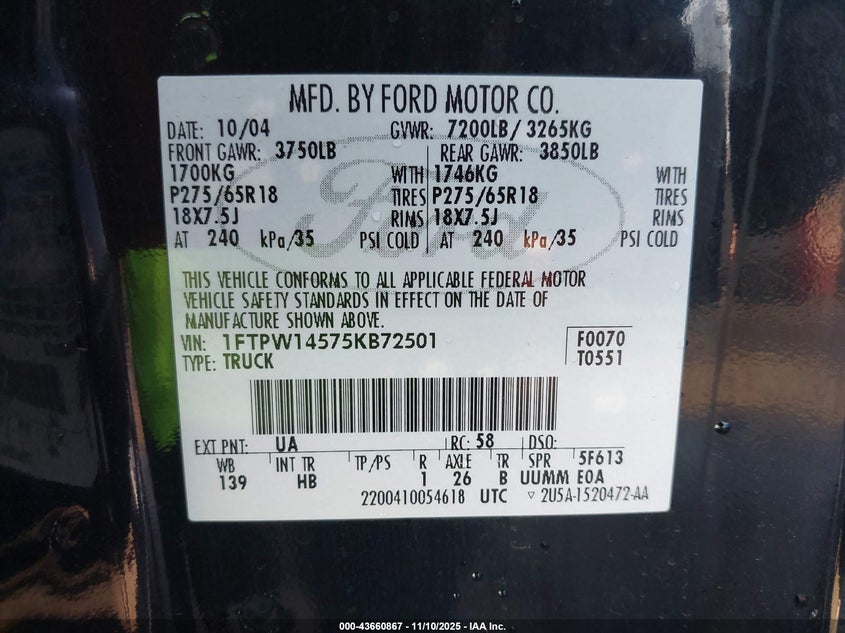 1FTPW14575KB72501 2005 FORD F-150 photo no. 9