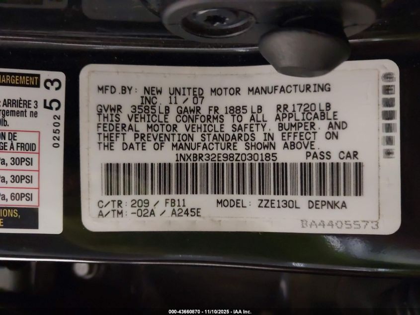 2008 Toyota Corolla Le VIN: 1NXBR32E98Z030185 Lot: 43660870