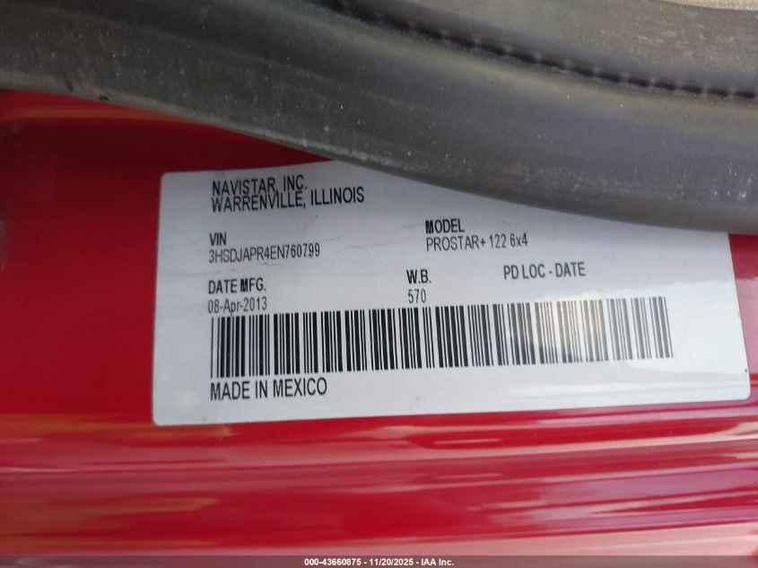 2014 International Prostar VIN: 3HSDJAPR4EN760799 Lot: 43660875