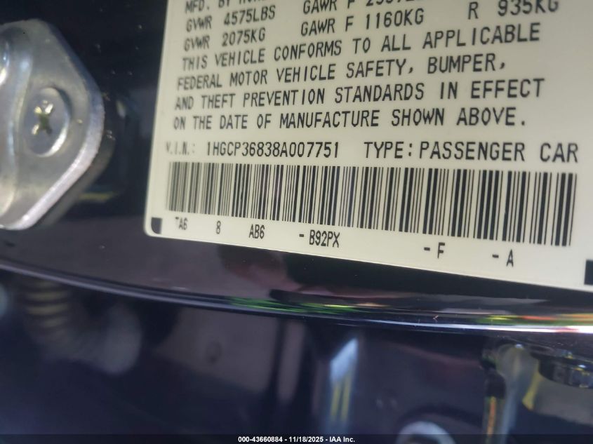 2008 Honda Accord 3.5 Ex-L VIN: 1HGCP36838A007751 Lot: 43660884