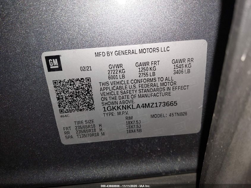 2021 GMC Acadia Fwd Sle VIN: 1GKKNKLA4MZ173665 Lot: 43660886