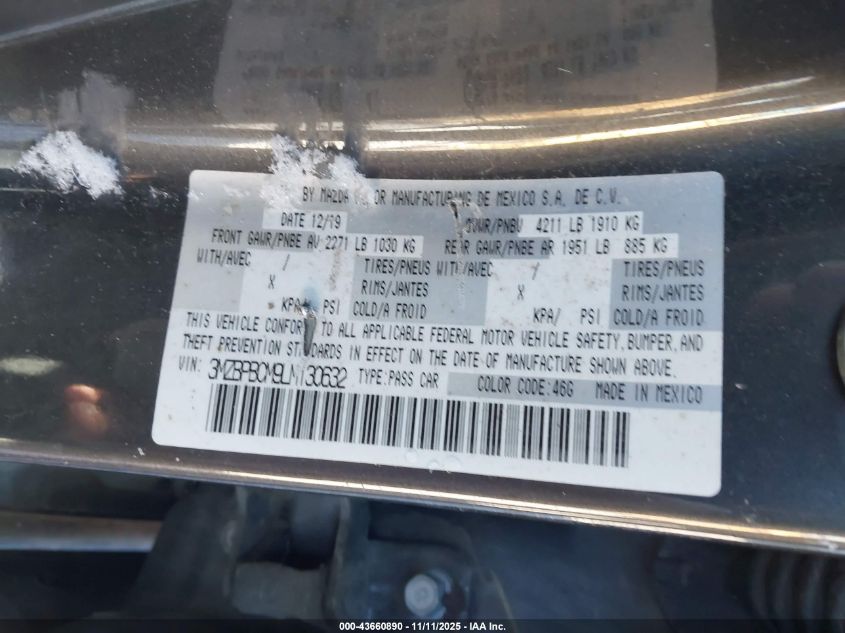 2020 Mazda Mazda3 Select Package VIN: 3MZBPBCM9LM130632 Lot: 43660890