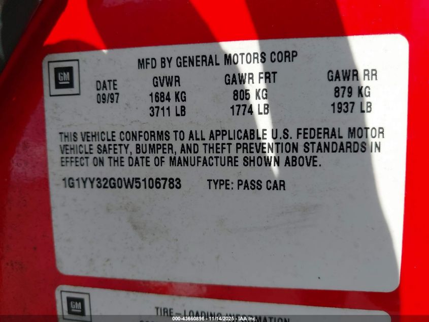 1998 Chevrolet Corvette VIN: 1G1YY32G0W5106783 Lot: 43660896