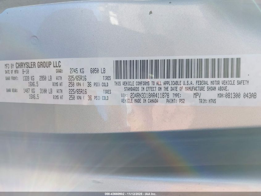 2010 Dodge Grand Caravan Hero VIN: 2D4RN3D18AR411878 Lot: 43660902