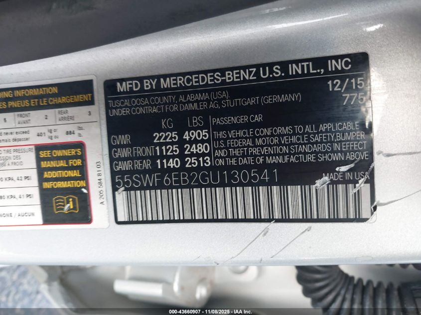 2016 Mercedes-Benz C 450 Amg 4Matic VIN: 55SWF6EB2GU130541 Lot: 43660907