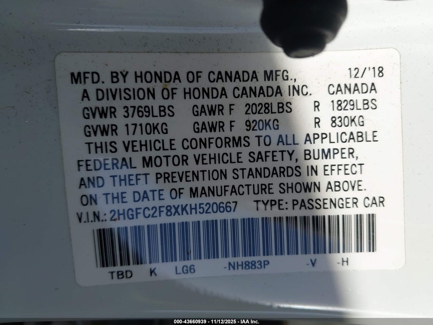 2019 HONDA CIVIC SPORT - 2HGFC2F8XKH520667