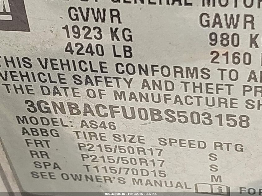 2011 Chevrolet Hhr Lt VIN: 3GNBACFU0BS503158 Lot: 43660946