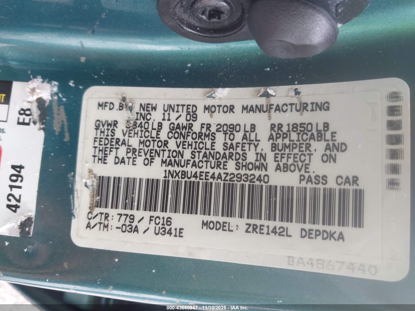 1NXBU4EE4AZ293240 2010 TOYOTA COROLLA photo no. 9